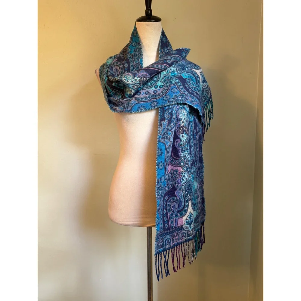 Fraas Cashmink Scarf Blue Purple Paisley Bohemian Fringe boho whimsigoth paisley - Picture 2 of 5